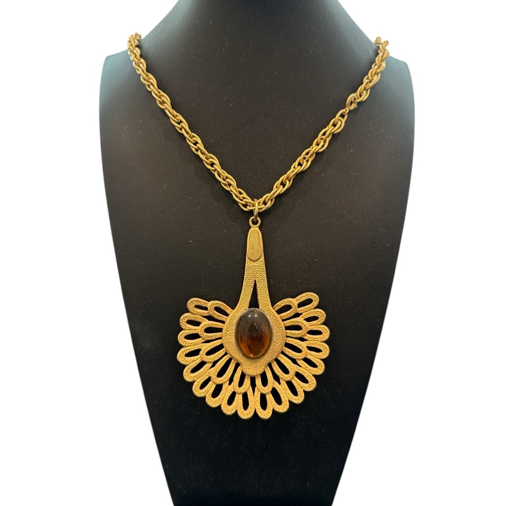 Vintage 70s Solid Brass Amber Glass Pendant Necklace Statement Jewelry Item #18